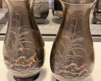 Pair of antique Japanese patinated bronze vases ca. The Meiji Period (late 19th Century)