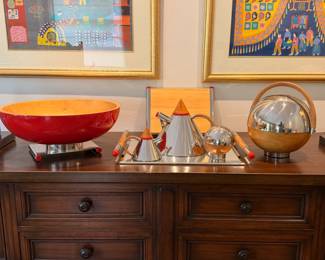 Extremely rare MCM style ‘Futura’ serving set designed by Larry Laslo for Towle Silversmiths.  This set features polished stainless steel with wood accents and is in incredible, mostly unused, vintage condition. 