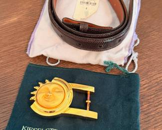 Vintage Kielstein-Cord Celestial gold plated art bronze sun belt buckle and lizard skin belt