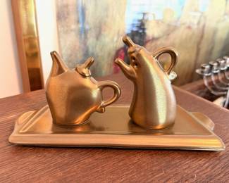 Michael Lambert ‘Dancing’ salt & pepper shakers in metallic bronze finish w/ tray