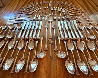 Incredible vintage C.W. Fletcher 99 piece sterling silver flatware set in the ‘Scroll’ pattern, a more elaborate version of the ‘Onslow’.  For reference, the four large serving utensils are 11 1/2” long 