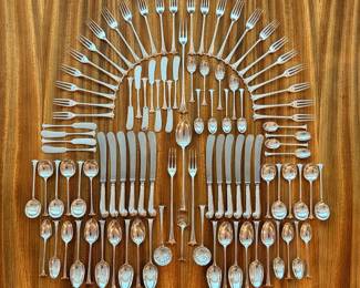 Incredible vintage C.W. Fletcher 99 piece sterling silver flatware set in the ‘Scroll’ pattern, a more elaborate version of the ‘Onslow’.  For reference, the four large serving utensils are 11 1/2” long 