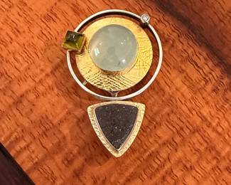 Sterling and 22kt gold with diamond and other stones brooch by Birgit Kupke-Peyla, signed