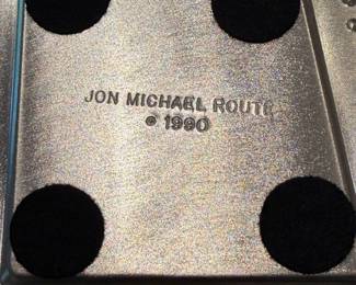 Set of 8 vintage pewter and leather coasters by Jon Michael Route