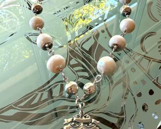 Custom made necklace featuring an 18th Century ladies sterling silver watch fob, sterling silver beads and 10 large South Sea Pearls