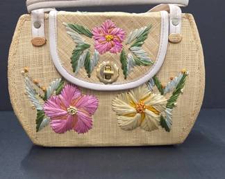 Woven Handbag with Floral Embroidery