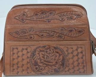 70's Leather Handbag with Tooled Floral Design