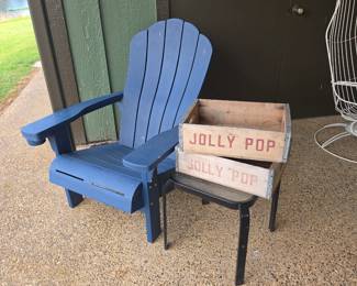 Plastic Adirondack chair, Jolly pop soda crates marked Camden, AR