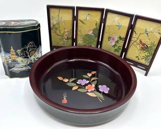 Japanese Enameled Wood Serving Tray, Miniature Folding Screen & Tea Tin Lot #: 67
