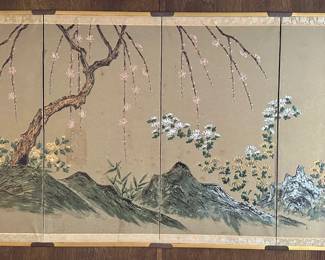 Vintage Japanese Hand Painted Folding Screen In 4 Panels With Silk Border With Brackets To Hang Lot #: 21