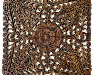 Vintage Asian Teakwood Hand Carved Floral Wall Sculpture, Ready To Hang Lot #: 1