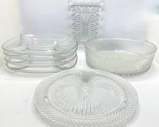 Large Glass Bowl & 6 Vintage Glass Platters Including Set 4 New Square Segmented Trays Lot #: 122