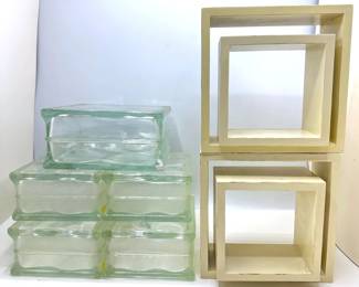 3 Heavy Glass Block Display Platforms & Set 4 Wood Display Cubes, Ready To Hang Lot #: 136