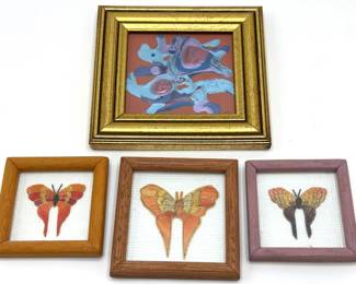 3 Framed Miniature Mosaic Butterflies & Small Metallic Original Painting Lot #: 77