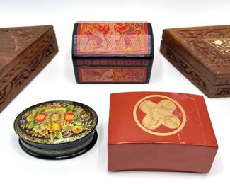 5 Trinket Boxes: Carved Wood, Enameled Tin & Painted Wood Lot #: 147