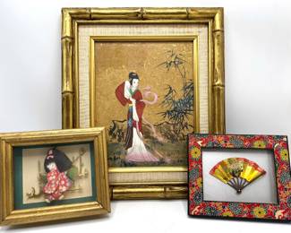 Original Japanese Geisha Painting On Cork & 2 Origami Shadow Box Wall Art Collages Lot #: 38