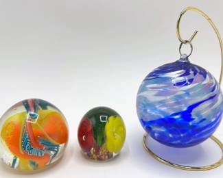 2 Heavy Hand Made Art Glass Paperweights & Hanging Glass Orb Lot #: 140