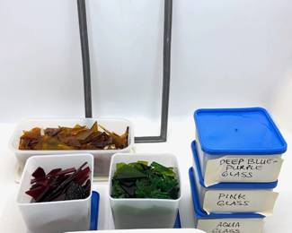 Stained Glass Art Supplies: Metal Frame & Tubs Of Colored Glass Shards Lot #: 156