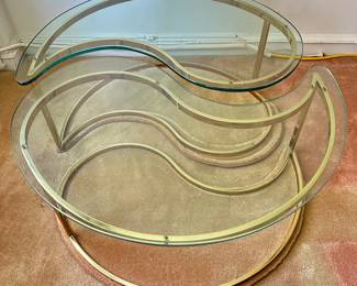 Mid Century Modern 2 Piece Yin Yang Glass & Brass Coffee Table With Custom Made Rugs Lot #: 9