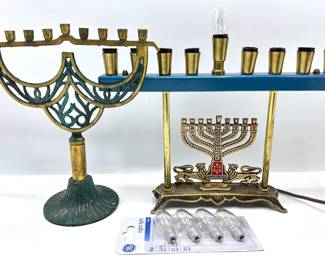 2 Vintage Brass Hanukah Menorahs, 1 Electric With 4 New Bulbs Lot #: 53