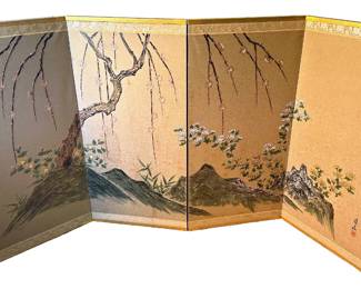 Vintage Japanese Hand Painted Folding Screen In 4 Panels With Silk Border With Brackets To Hang Lot #: 21