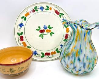 Vintage Ruffled Confetti Art Glass Vase, Vintage Ceramic Platter From England & Cocorico Bowl Lot #: 134