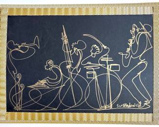 Sir Shadow (2003 American) Original Drawing Of Jazz Band On Handmade Cardboard Frame Lot #: 2