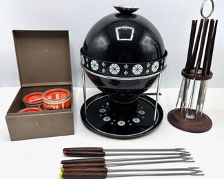 Mid Century Modern Cathrine Holm Fondue Set From Norway With Teak Skewer Stand, Extra Skewers & Sternos Lot #: 17
