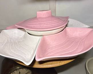 Mid-Century Pink Speckled Lazy Susan Chip and Dip Set
