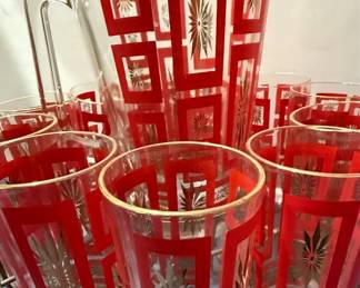 Jeannette Red & Gold Atomic Starburst Pitcher and Glasses Set