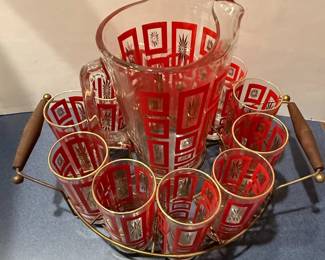 Jeannette Red & Gold Atomic Starburst Pitcher and Glasses Set