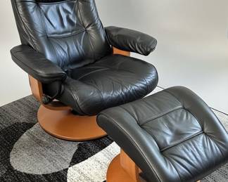 Stressless Style Black Leather Recliner and Ottoman