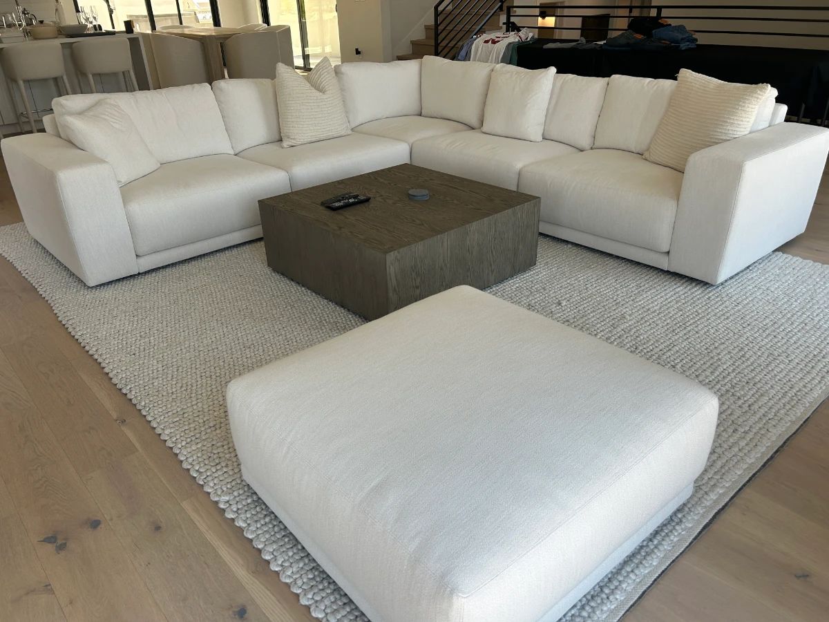 Restoration Hardware sectional with imported Italian fabric, less than 1 year old