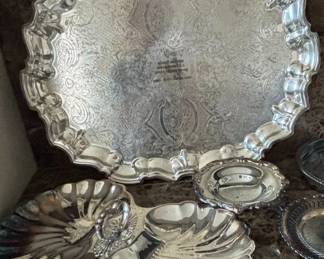Silver Plated Serving Tray and Dishes Set Birmingham Silver Company, English Silver Mfg. Corp., and F.B. Rogers Silver Co.