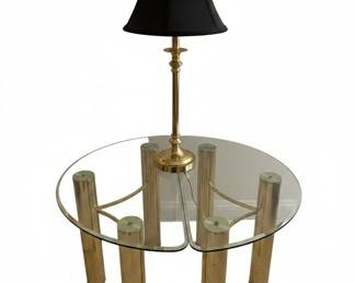 Postmodern Brass and Glass Accent Table with Lamp