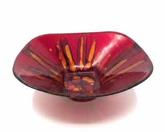 Murano Style Red Glass Art Bowl with Gold Drip Design