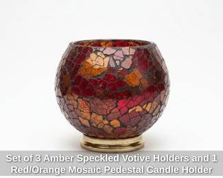 Set of Amber Speckled Votive Holders and Red or Orange Mosaic Pedestal Candle Holder second image