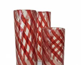 Set of Red and White Swirl Glass Vases or Candle Holders