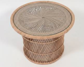 Vintage Woven Rattan Drum Side Table with Glass Top