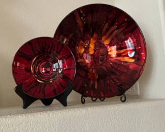 Art Glass Bowls or Plates with Abstract Red and Amber Pattern second image
