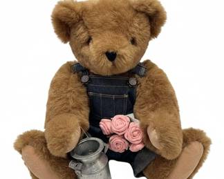 Mohair Teddy Bear with Denim Overalls and Roses