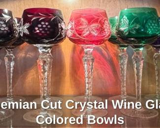 Set of Bohemian Cut Crystal Wine Glasses with Colored Bowls