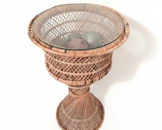 Vintage Wicker Pedestal Plant Stand with Glass Top