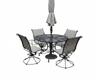 Vintage Woodard Wrought Iron Patio Dining Set with Glass Top Table and Swivel Chairs