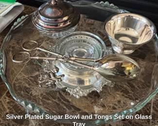 Silver Plated Sugar Bowl and Tongs Set on Glass Tray