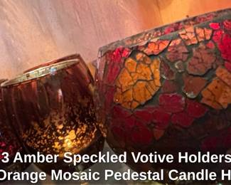 Set of Amber Speckled Votive Holders and Red or Orange Mosaic Pedestal Candle Holder