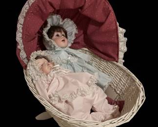 Vintage Porcelain Dolls in White Wicker Bassinet with Red Polka Dot Canopy