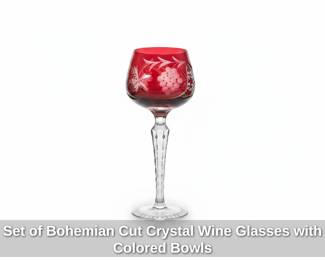 Set of Bohemian Cut Crystal Wine Glasses with Colored Bowls second image