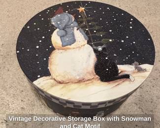 Vintage Decorative Storage Box with Snowman and Cat Motif second image