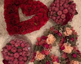 Set of Artificial Floral Arrangements Heart Wreaths and Glitter Berry Pomanders